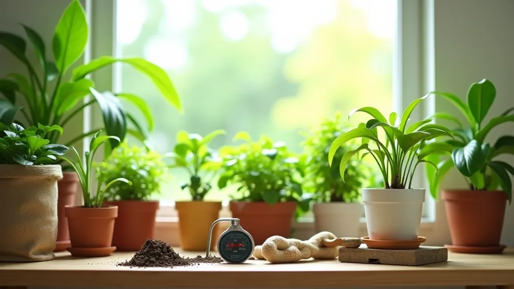 Indoor plant care workspace with moisture meter, repotting supplies, and healthy green plants on a bright shelf