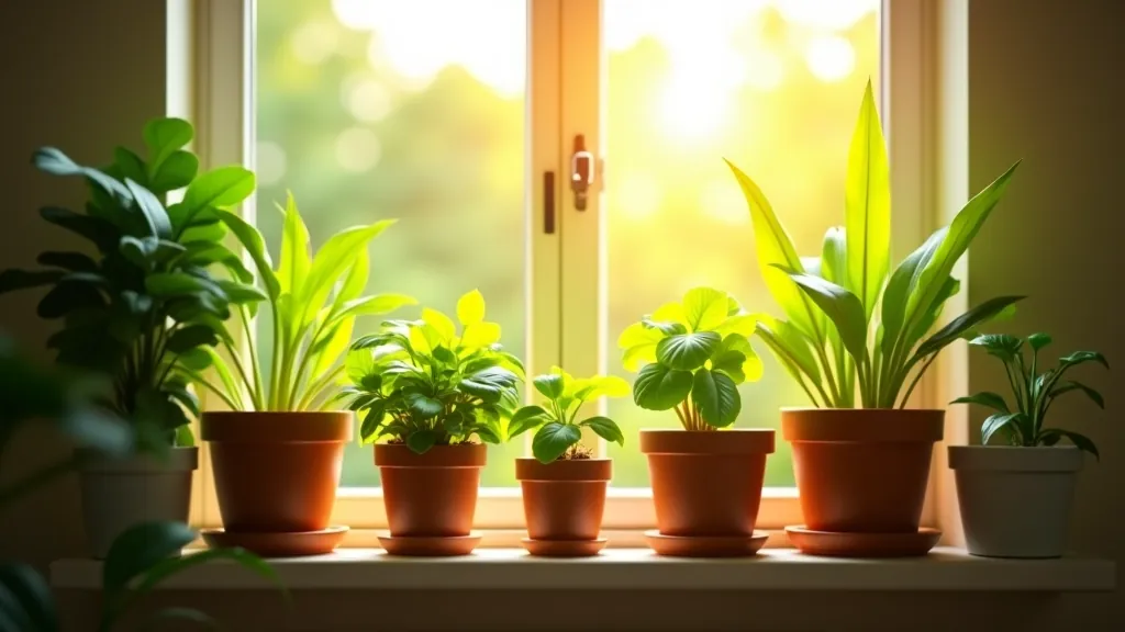 Sunny window with bright daylight streaming across potted plants, showing seasonal spring light conditions with fresh green growth