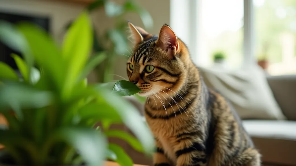 Close-up of a cat gently sniffing a potted Boston fern, indoor living room setting with natural daylight