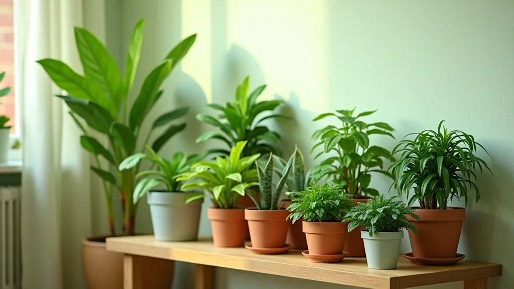 Assorted green potted plants arranged on a wooden plant stand in a sunny corner of a living room
