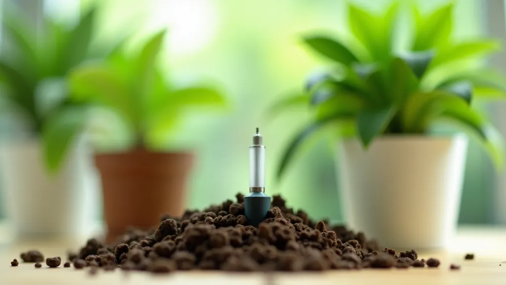 Modern moisture meter with digital display inserted into potting soil next to a healthy potted plant on a light colored surface