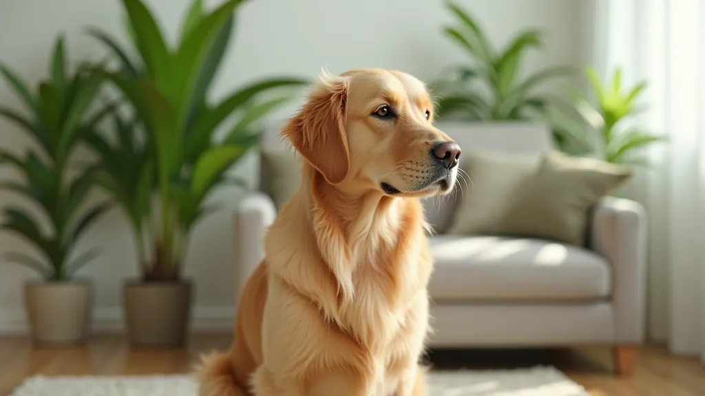 Dog sitting calmly beside a potted Parlour palm in a minimalist living room with neutral decor