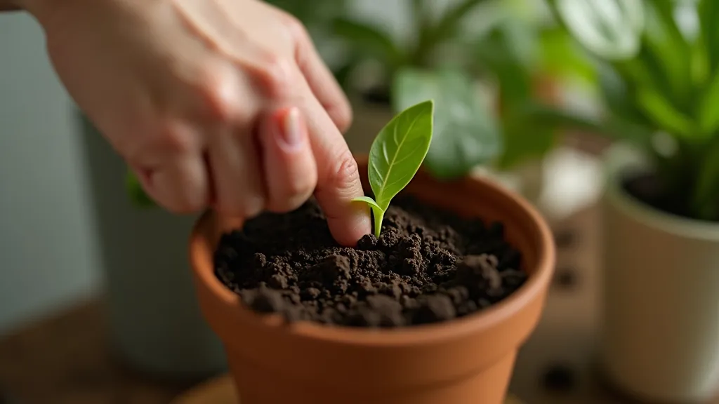 Hands testing soil moisture by inserting a finger 2 inches deep into dark potting soil in a ceramic pot with green foliage above