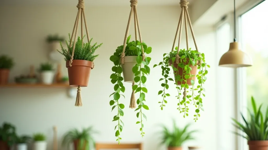 Hanging potted plants suspended from ceiling hooks in a bright kitchen, various trailing plants in macramé holders