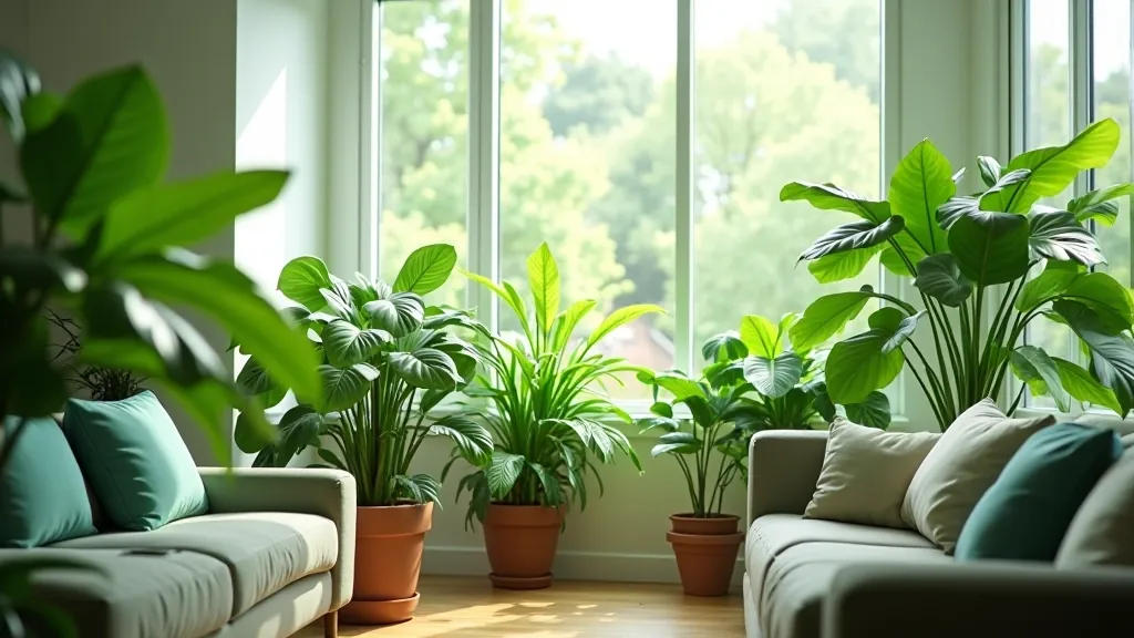 Lush indoor houseplants arranged in a bright living room with natural window light, British home interior design, contemporary styling with green foliage