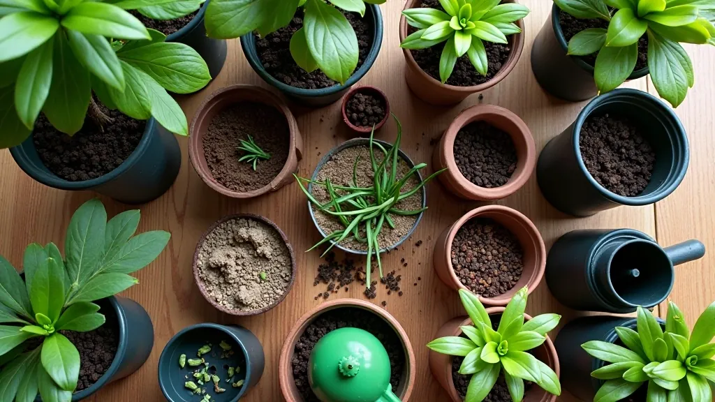 Clear plastic pots with drainage holes and various pot sizes displayed on a wooden surface with soil, gravel, and watering tools nearby