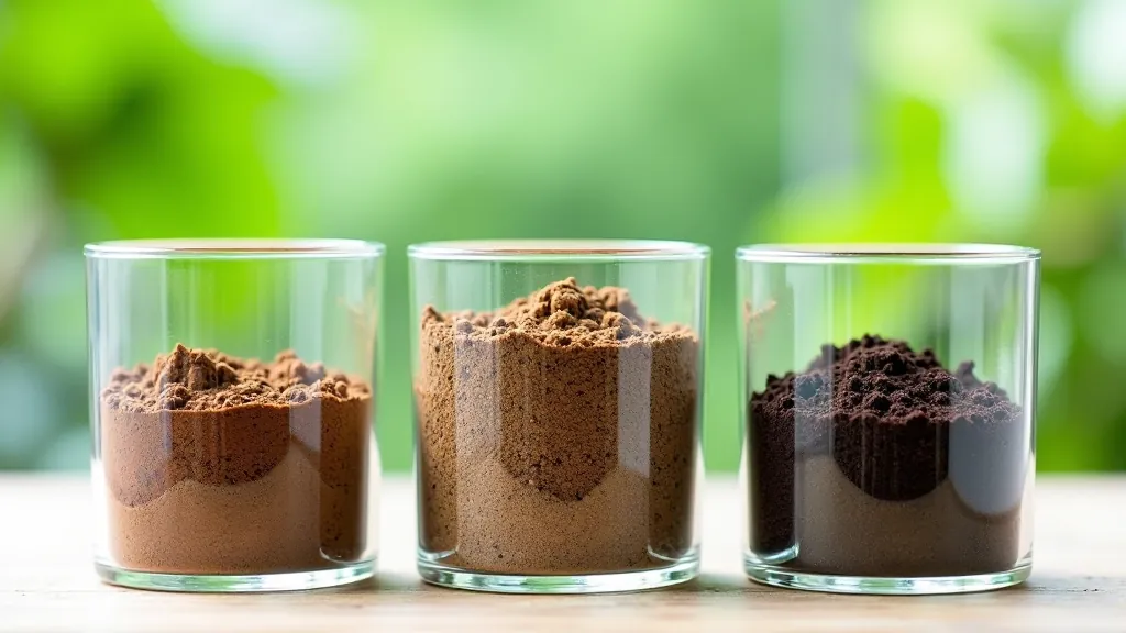 Three types of potting soil mixes displayed in clear containers showing different textures and colors
