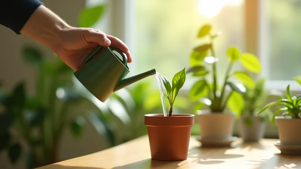 Hand holding watering can positioned above potted houseplant on wooden table, demonstrating proper plant watering technique in indoor setting