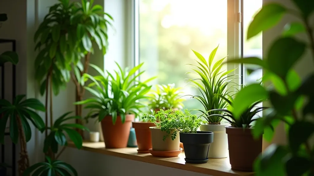 Indoor plants on shelves in bright window light