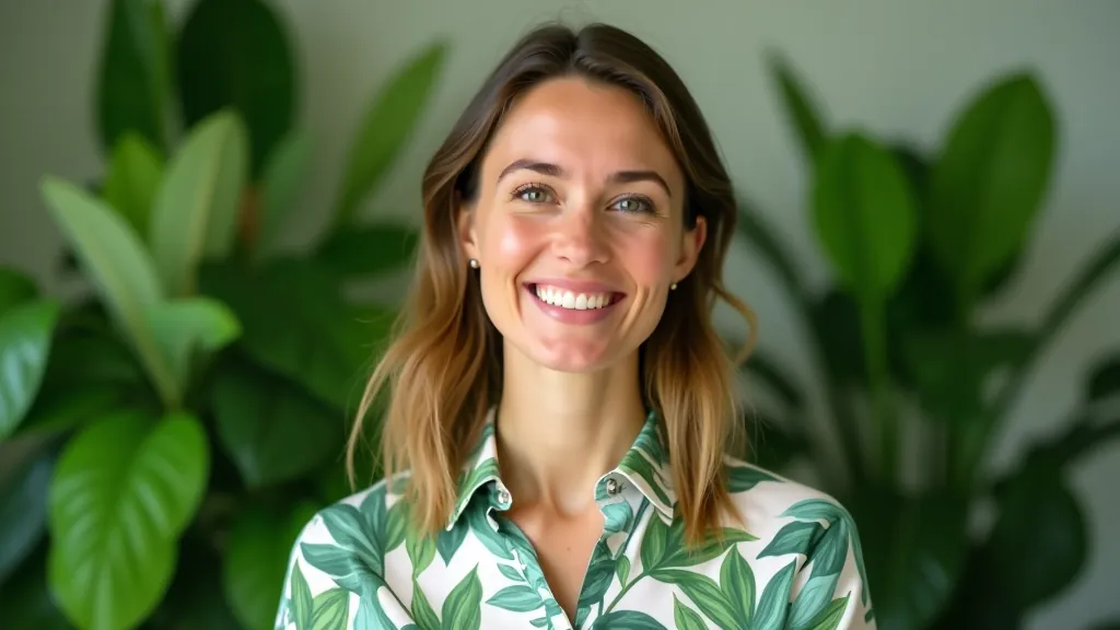 Sarah Chen, plant specialist, portrait from chest up, warm smile, indoor plant background